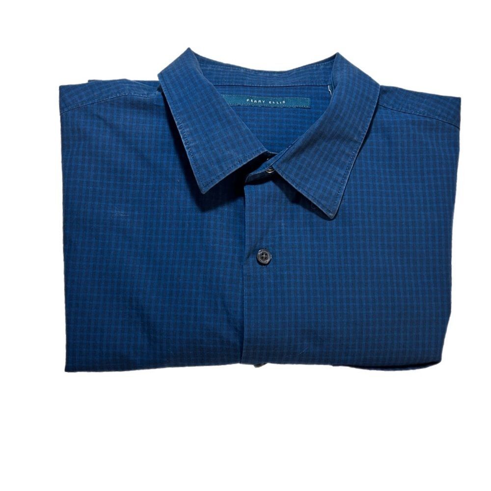 Perry Ellis Dark Blue Plaid Large Button Down Shirt 100% Cotton